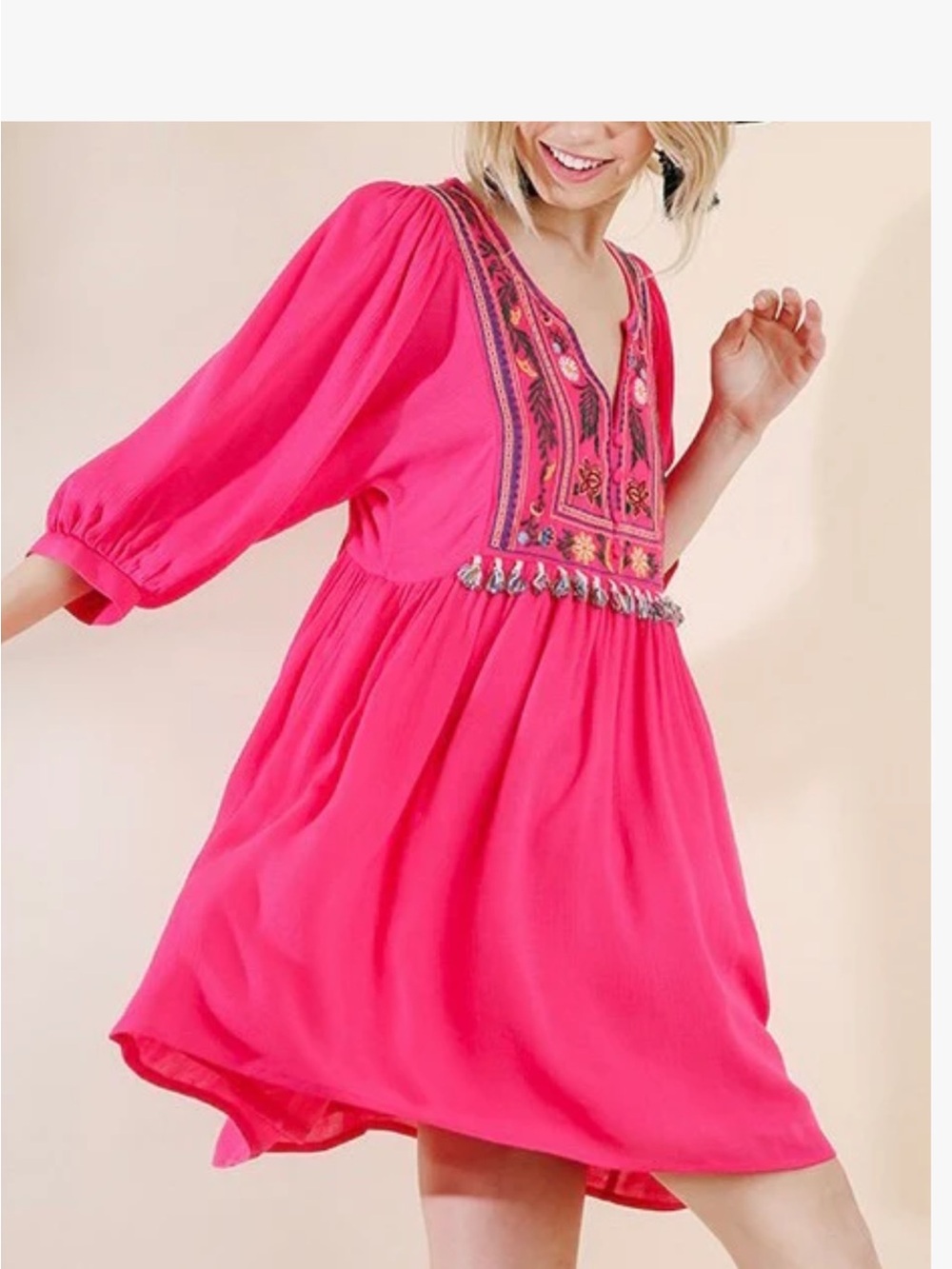 UMGEE Baby Doll Dress Sz S Hot Pink Embroidery Peasant BoHo Gypsy Tassel EUC